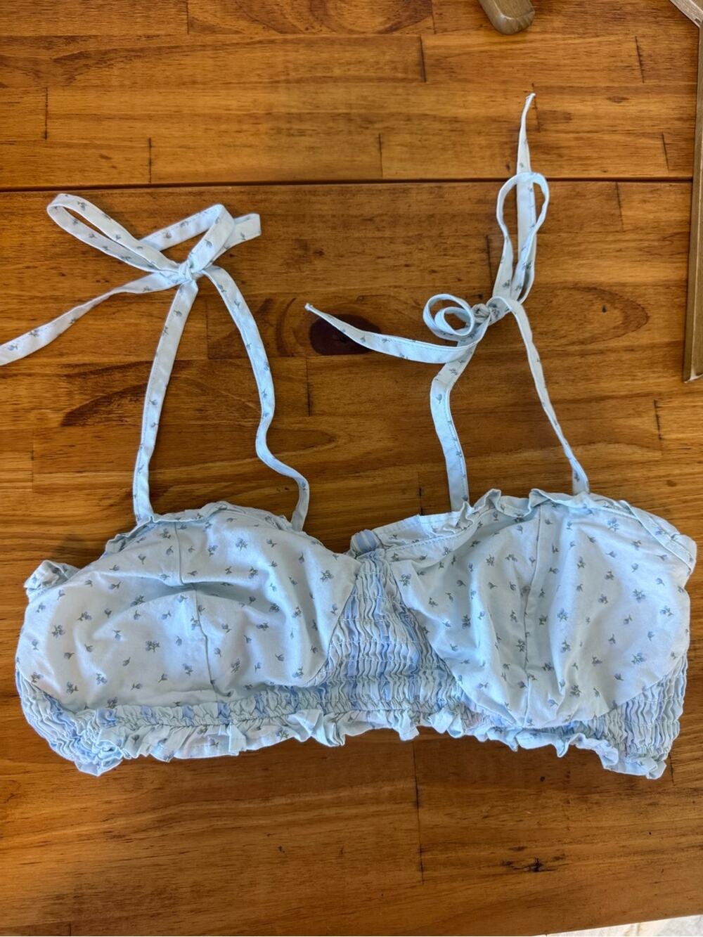 Victoria’s Secret Pink Blue Floral Smocked Tie Strap Bralette Bra Size Medium